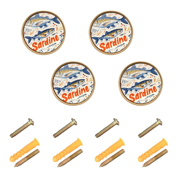 Yayeee 4 Pack Cabinet Knobs with Screws Round Zinc Drawer Pulls for Kitchen, Blue Sardines Pattern