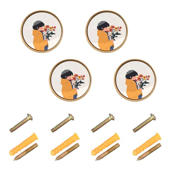 Yayeee 4 Pack Cabinet Knobs with Screws Round Zinc Drawer Pulls for Kitchen, Cartoon Flowers