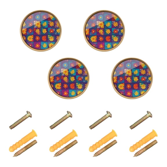 Yayeee 4 Pack Cabinet Knobs with Screws Round Zinc Drawer Pulls for Kitchen, Colorful Checkered Daisy