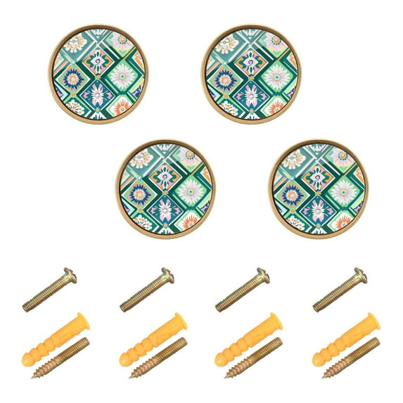 Yayeee 4 Pack Cabinet Knobs with Screws Round Zinc Drawer Pulls for Kitchen, Green Geometric Flowers