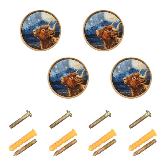 Yayeee 4 Pack Cabinet Knobs with Screws Round Zinc Drawer Pulls for Kitchen, Highland Cattle Starry Sky