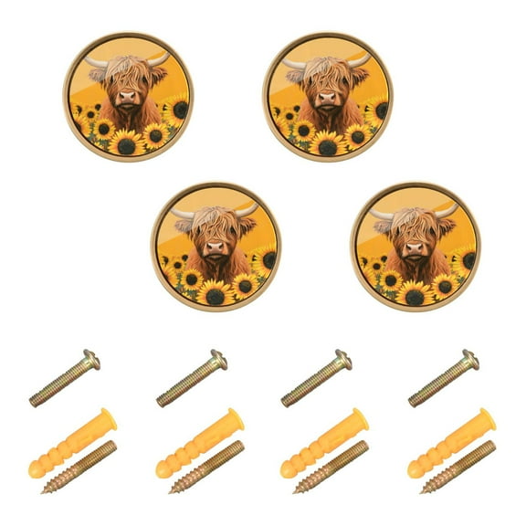 Yayeee 4 Pack Cabinet Knobs with Screws Round Zinc Drawer Pulls for Kitchen, Highland Cow Sunflower