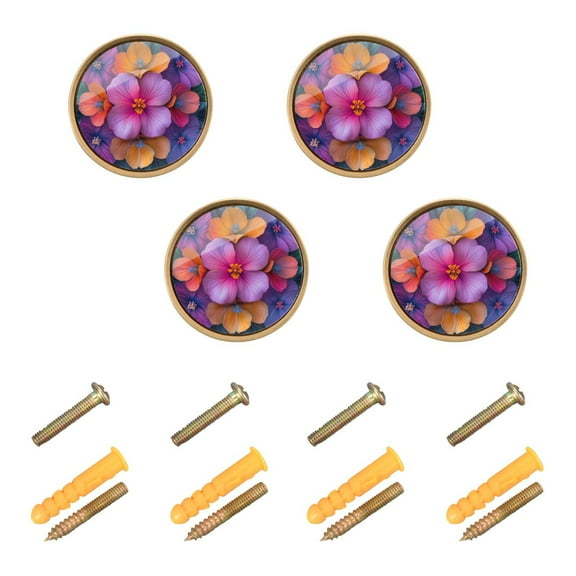 Yayeee 4 Pack Cabinet Knobs with Screws Round Zinc Drawer Pulls for Kitchen, Large Purple Flowers