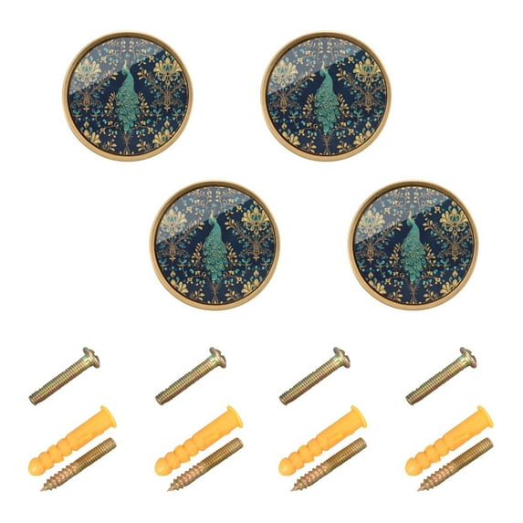 Yayeee 4 Pack Cabinet Knobs with Screws Round Zinc Drawer Pulls for Kitchen, Navy Blue Peacock Pattern