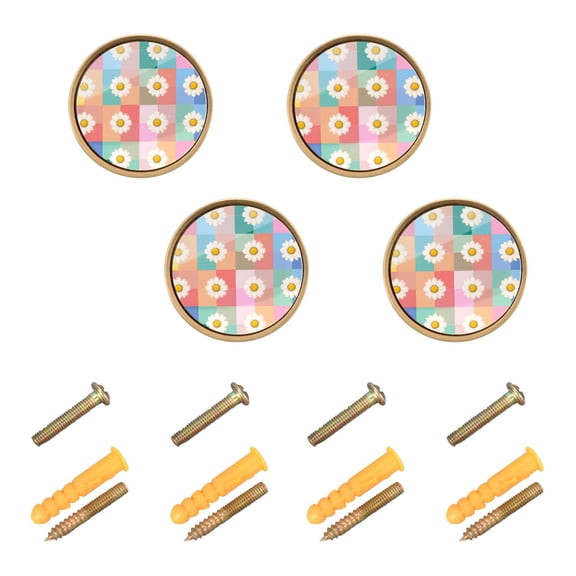 Yayeee 4 Pack Cabinet Knobs with Screws Round Zinc Drawer Pulls for Kitchen, Pink Checkered Daisy