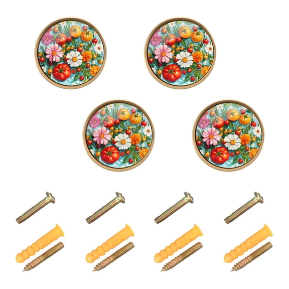 Yayeee 4 Pack Cabinet Knobs with Screws Round Zinc Drawer Pulls for Kitchen, Pink Floral Tomatoes