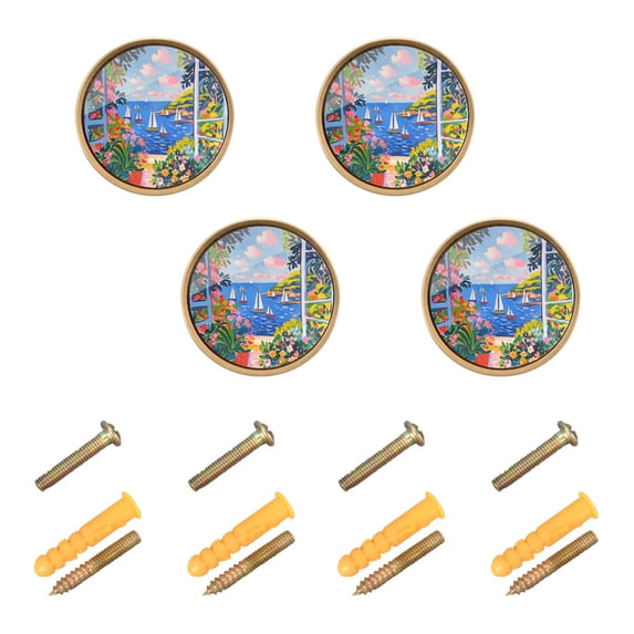 Yayeee 4 Pack Cabinet Knobs with Screws Round Zinc Drawer Pulls for Kitchen, Pink Floral Window