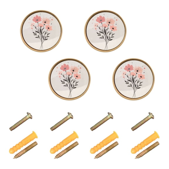Yayeee 4 Pack Cabinet Knobs with Screws Round Zinc Drawer Pulls for Kitchen, Pink Flower