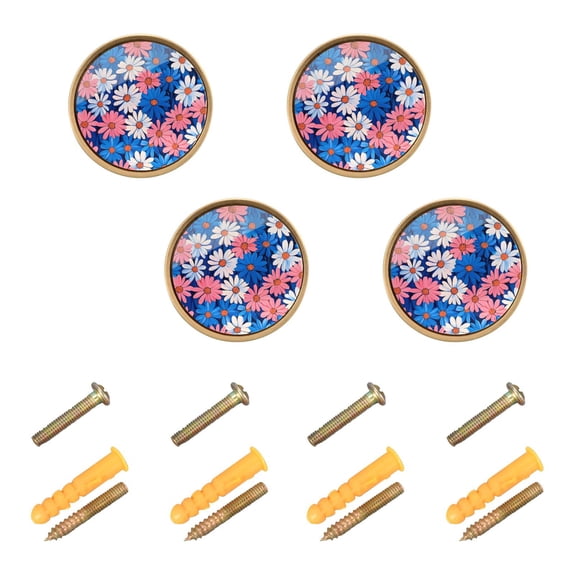 Yayeee 4 Pack Cabinet Knobs with Screws Round Zinc Drawer Pulls for Kitchen, Pink Flowers Pattern