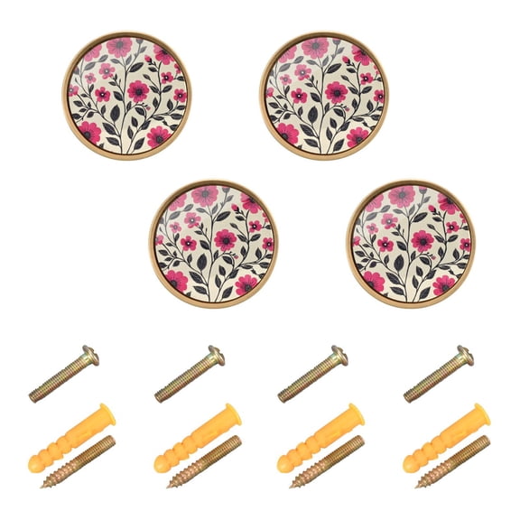 Yayeee 4 Pack Cabinet Knobs with Screws Round Zinc Drawer Pulls for Kitchen, Pink Flowers
