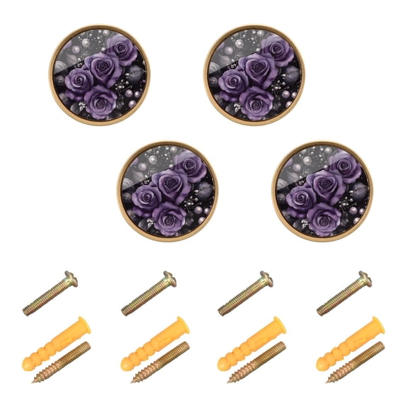 Yayeee 4 Pack Cabinet Knobs with Screws Round Zinc Drawer Pulls for Kitchen, Purple Roses