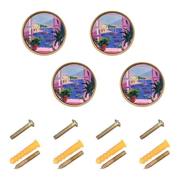Yayeee 4 Pack Cabinet Knobs with Screws Round Zinc Drawer Pulls for Kitchen, Purple Window Scene