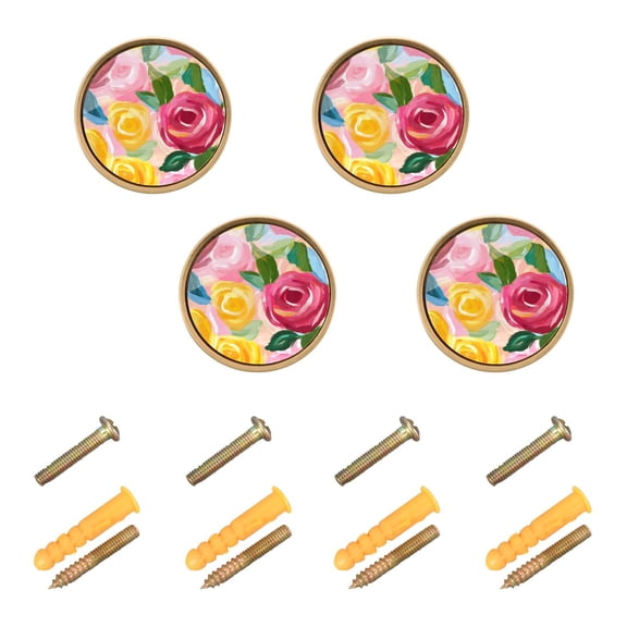 Yayeee 4 Pack Cabinet Knobs with Screws Round Zinc Drawer Pulls for Kitchen, Red Yellow Rose Pattern
