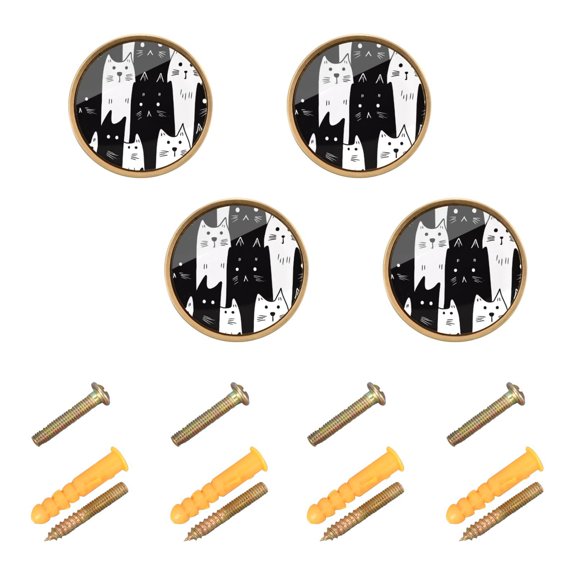 Yayeee 4 Pack Cabinet Knobs with Screws Round Zinc Drawer Pulls for Kitchen, White Black Cat Pattern