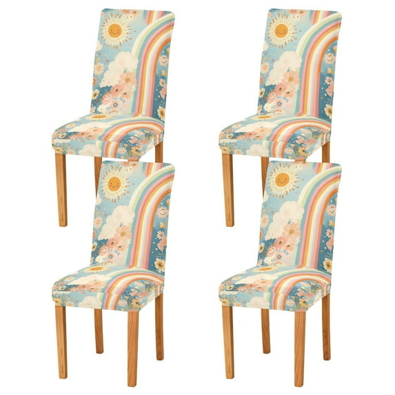 Yayeee 4 Pack Dining Chair Covers Stretch Parson Chairs Slipcovers Seat Protector, Beige Rainbow Clouds