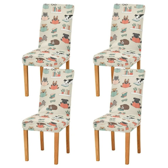 Yayeee 4 Pack Dining Chair Covers Stretch Parson Chairs Slipcovers Seat Protector, Cartoon Dog Reading Pattern
