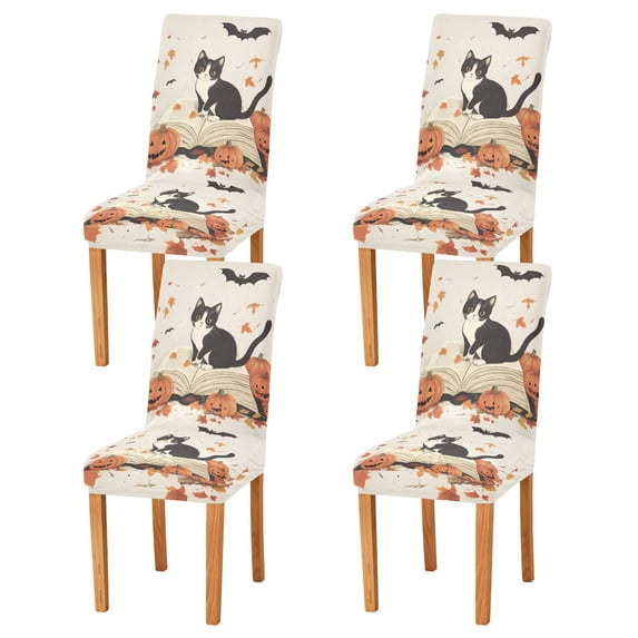 Yayeee 4 Pack Dining Chair Covers Stretch Parson Chairs Slipcovers Seat Protector, Gray Cartoon Halloween Cat