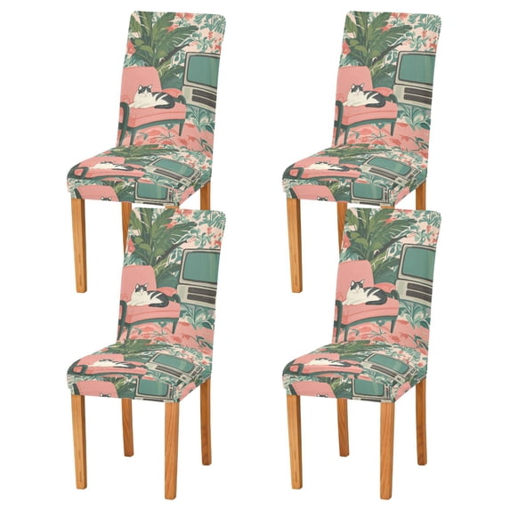 Yayeee 4 Pack Dining Chair Covers Stretch Parson Chairs Slipcovers Seat Protector, Pink and White Cat