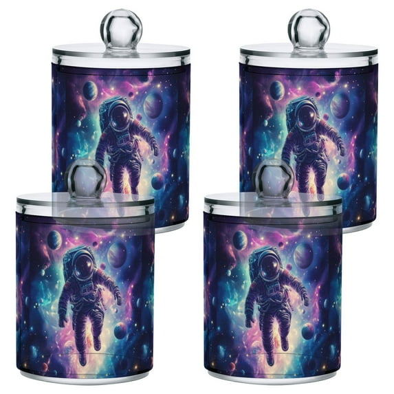 Yayeee 4 Pack Qtip Holder Bathroom Cotton Swab Canister with Lid Clear Dispenser Set, Astronaut Pattern