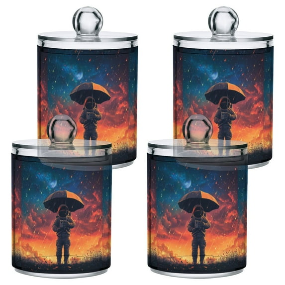 Yayeee 4 Pack Qtip Holder Bathroom Cotton Swab Canister with Lid Clear Dispenser Set, Astronaut at Dawn