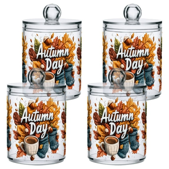 Yayeee 4 Pack Qtip Holder Bathroom Cotton Swab Canister with Lid Clear Dispenser Set, Autumn Day Pattern