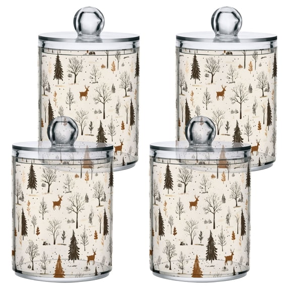 Yayeee 4 Pack Qtip Holder Bathroom Cotton Swab Canister with Lid Clear Dispenser Set, Beige Christmas Forest