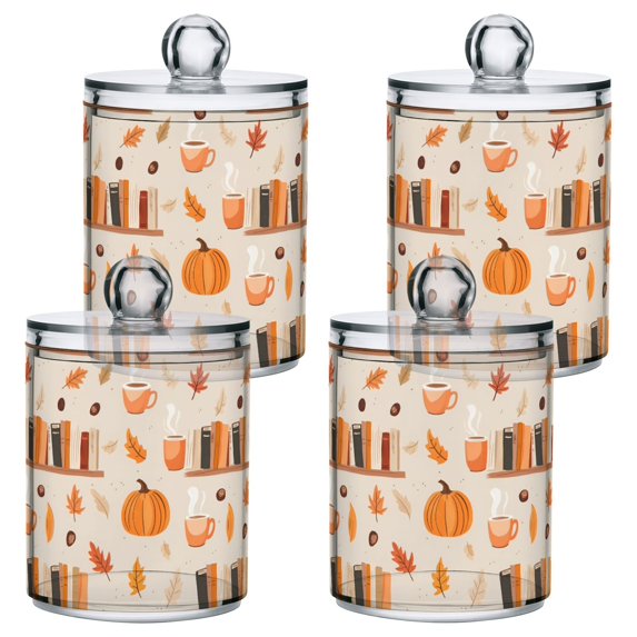 Yayeee 4 Pack Qtip Holder Bathroom Cotton Swab Canister with Lid Clear Dispenser Set, Beige Fall Acorns Pattern