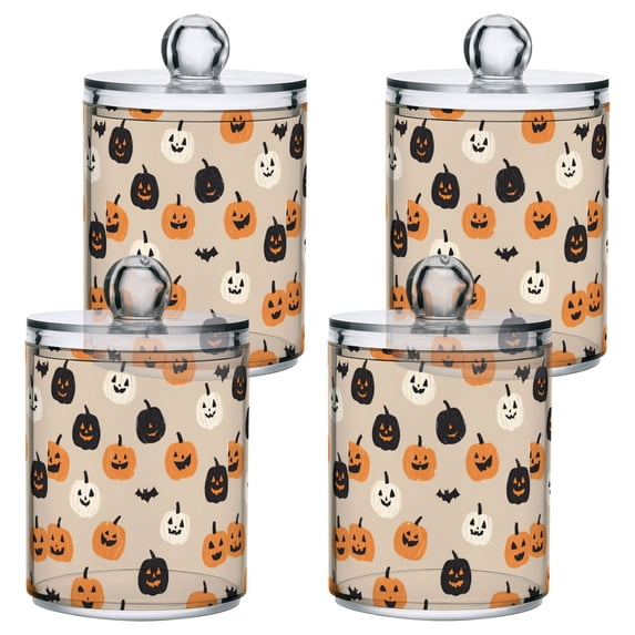 Yayeee 4 Pack Qtip Holder Bathroom Cotton Swab Canister with Lid Clear Dispenser Set, Beige Halloween Pumpkin