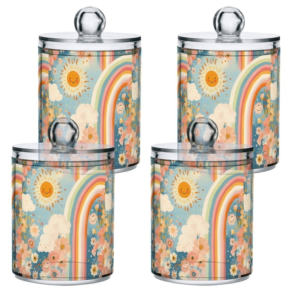 Yayeee 4 Pack Qtip Holder Bathroom Cotton Swab Canister with Lid Clear Dispenser Set, Beige Rainbow Clouds