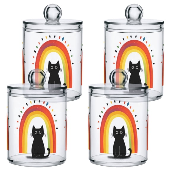 Yayeee 4 Pack Qtip Holder Bathroom Cotton Swab Canister with Lid Clear Dispenser Set, Black Cat Rainbow