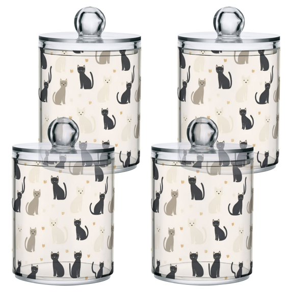 Yayeee 4 Pack Qtip Holder Bathroom Cotton Swab Canister with Lid Clear Dispenser Set, Black Cute Cats