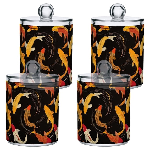 Yayeee 4 Pack Qtip Holder Bathroom Cotton Swab Canister with Lid Clear Dispenser Set, Black Fish Pattern