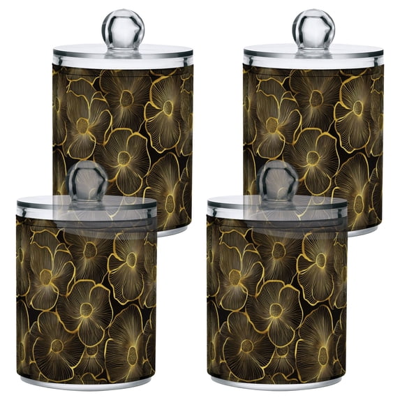 Yayeee 4 Pack Qtip Holder Bathroom Cotton Swab Canister with Lid Clear Dispenser Set, Black Flower Pattern