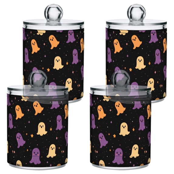 Yayeee 4 Pack Qtip Holder Bathroom Cotton Swab Canister with Lid Clear Dispenser Set, Black Halloween Ghosts