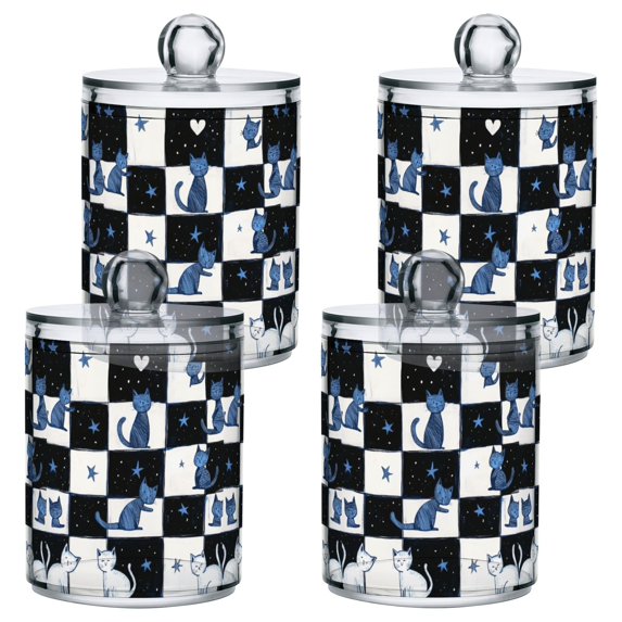 Yayeee 4 Pack Qtip Holder Bathroom Cotton Swab Canister with Lid Clear Dispenser Set, Blue Cat Stars