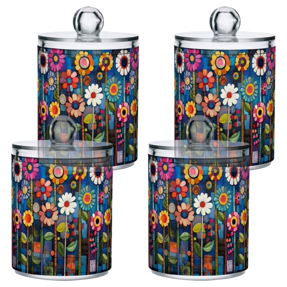 Yayeee 4 Pack Qtip Holder Bathroom Cotton Swab Canister with Lid Clear Dispenser Set, Blue Colorful Flowers