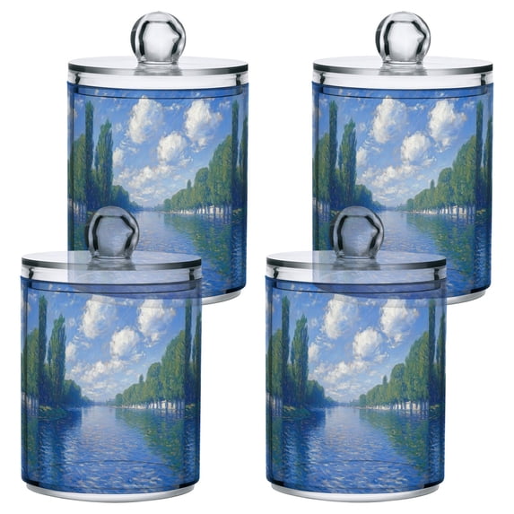 Yayeee 4 Pack Qtip Holder Bathroom Cotton Swab Canister with Lid Clear Dispenser Set, Blue Sky and River