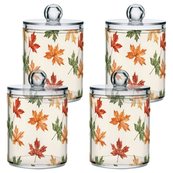 Yayeee 4 Pack Qtip Holder Bathroom Cotton Swab Canister with Lid Clear Dispenser Set, Brown Autumn Leaves