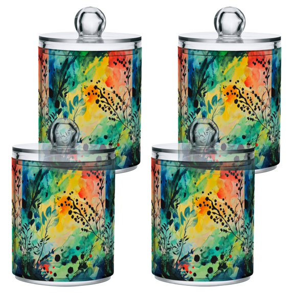 Yayeee 4 Pack Qtip Holder Bathroom Cotton Swab Canister with Lid Clear Dispenser Set, Colorful Plants