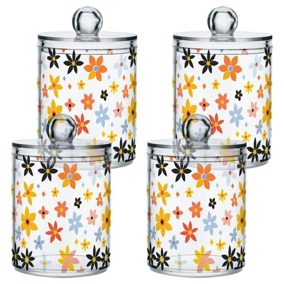 Yayeee 4 Pack Qtip Holder Bathroom Cotton Swab Canister with Lid Clear Dispenser Set, Colorful Retro Floral