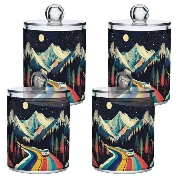 Yayeee 4 Pack Qtip Holder Bathroom Cotton Swab Canister with Lid Clear Dispenser Set, Evening Mountain Road