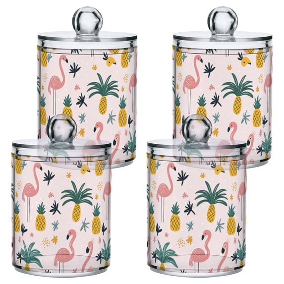 Yayeee 4 Pack Qtip Holder Bathroom Cotton Swab Canister with Lid Clear Dispenser Set, Flamingo Pattern