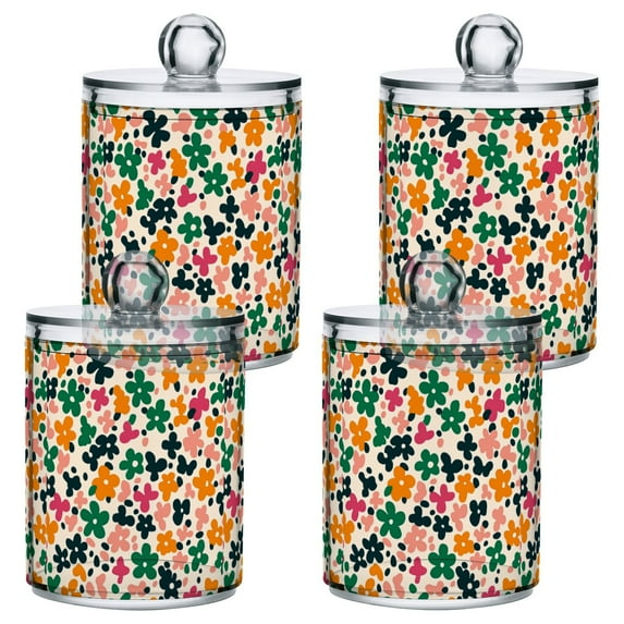 Yayeee 4 Pack Qtip Holder Bathroom Cotton Swab Canister with Lid Clear Dispenser Set, Floral Blooms