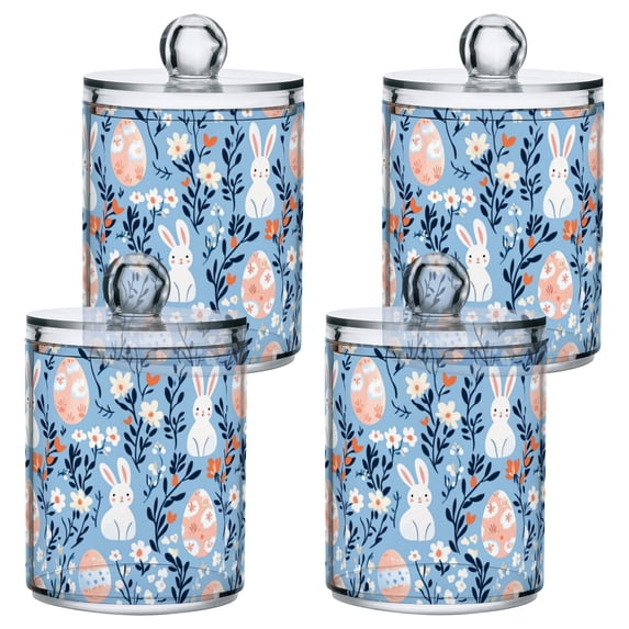Yayeee 4 Pack Qtip Holder Bathroom Cotton Swab Canister with Lid Clear Dispenser Set, Floral Easter Rabbits