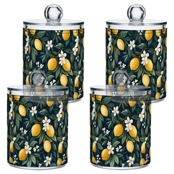 Yayeee 4 Pack Qtip Holder Bathroom Cotton Swab Canister with Lid Clear Dispenser Set, Floral Lemons