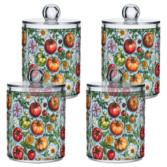 Yayeee 4 Pack Qtip Holder Bathroom Cotton Swab Canister with Lid Clear Dispenser Set, Floral Tomatoes