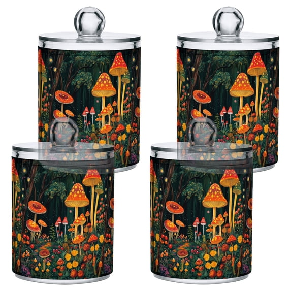 Yayeee 4 Pack Qtip Holder Bathroom Cotton Swab Canister with Lid Clear Dispenser Set, Forest Mushroom