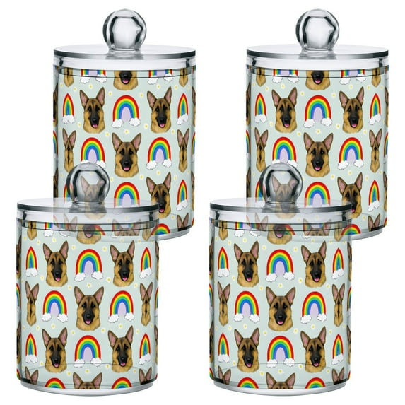 Yayeee 4 Pack Qtip Holder Bathroom Cotton Swab Canister with Lid Clear Dispenser Set, German Shepherd Rainbow Pattern