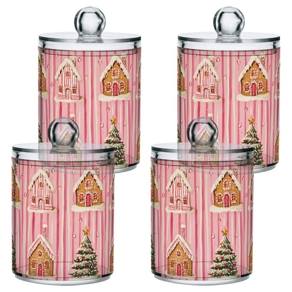 Yayeee 4 Pack Qtip Holder Bathroom Cotton Swab Canister with Lid Clear Dispenser Set, Gingerbread Houses
