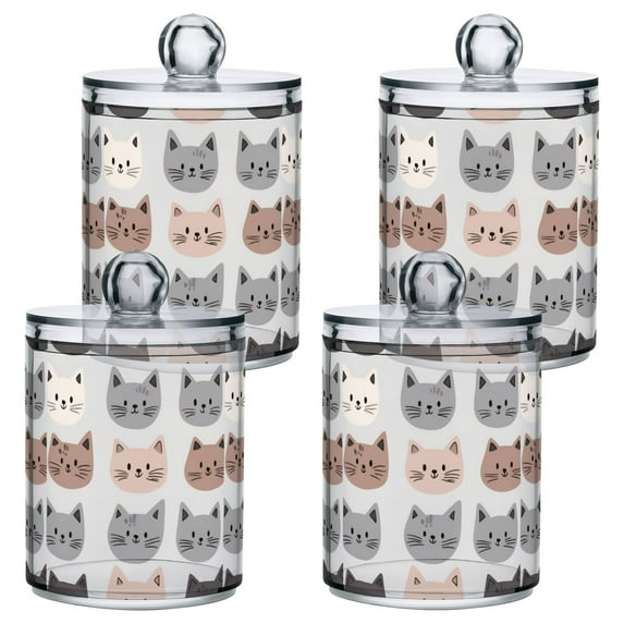 Yayeee 4 Pack Qtip Holder Bathroom Cotton Swab Canister with Lid Clear Dispenser Set, Gray Cat Pattern